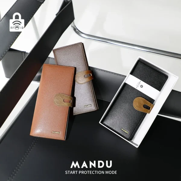 RFID Protected Mandu Branded Premium Quality Genuine Leather Long Wallet with Branded Gift Box