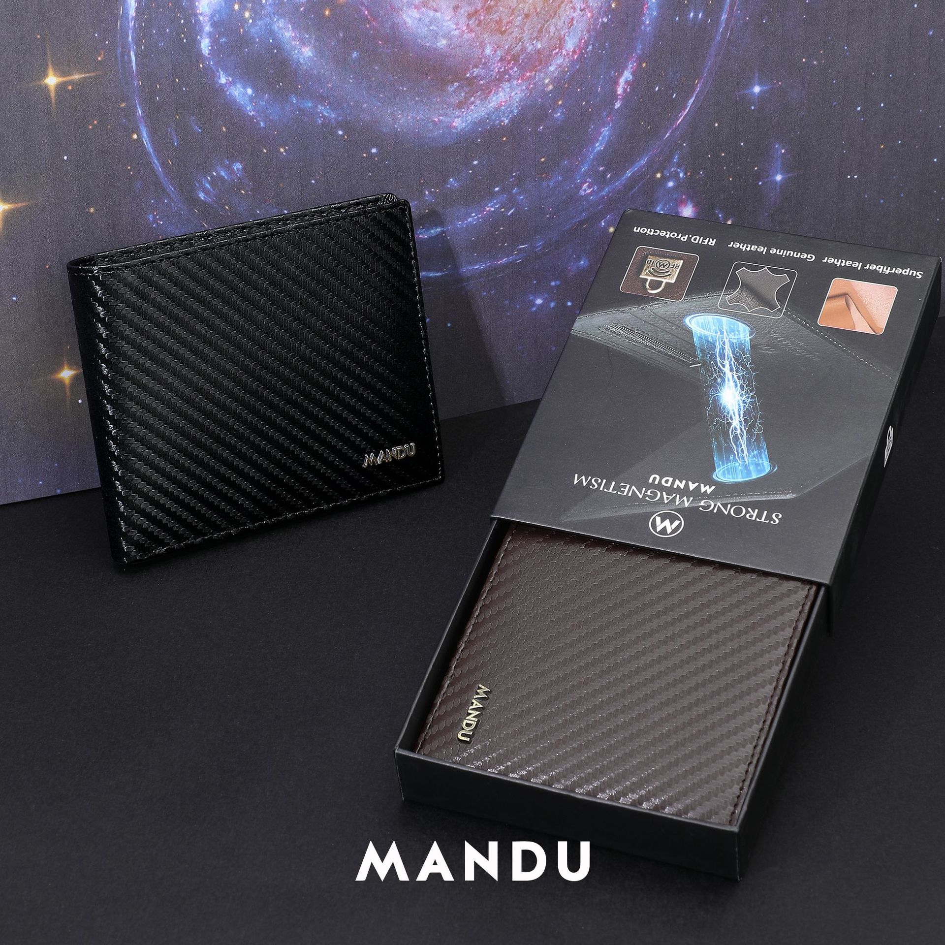Carbon Fiver Magnetic Closure RFID Protected Mandu Branded Original Leather Wallet with Branded Gift Box