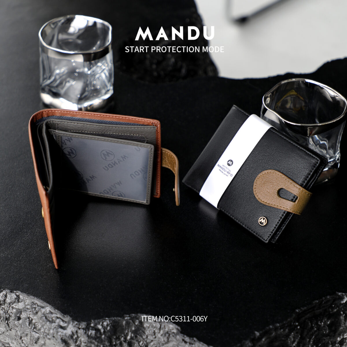 RFID Protected Snap Button Closure Mandu Branded Original Leather Wallet with Branded Gift Box Brand: Mandu