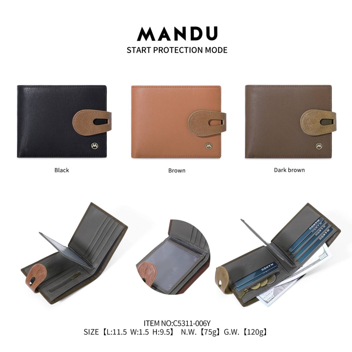 RFID Protected Snap Button Closure Mandu Branded Original Leather Wallet with Branded Gift Box Brand: Mandu