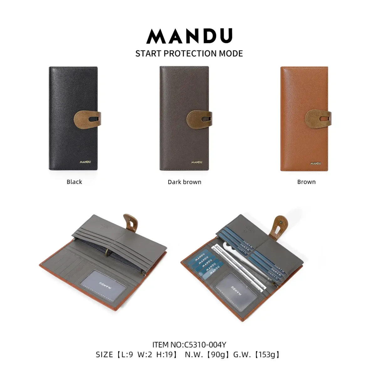 RFID Protected Mandu Branded Premium Quality Genuine Leather Long Wallet with Branded Gift Box
