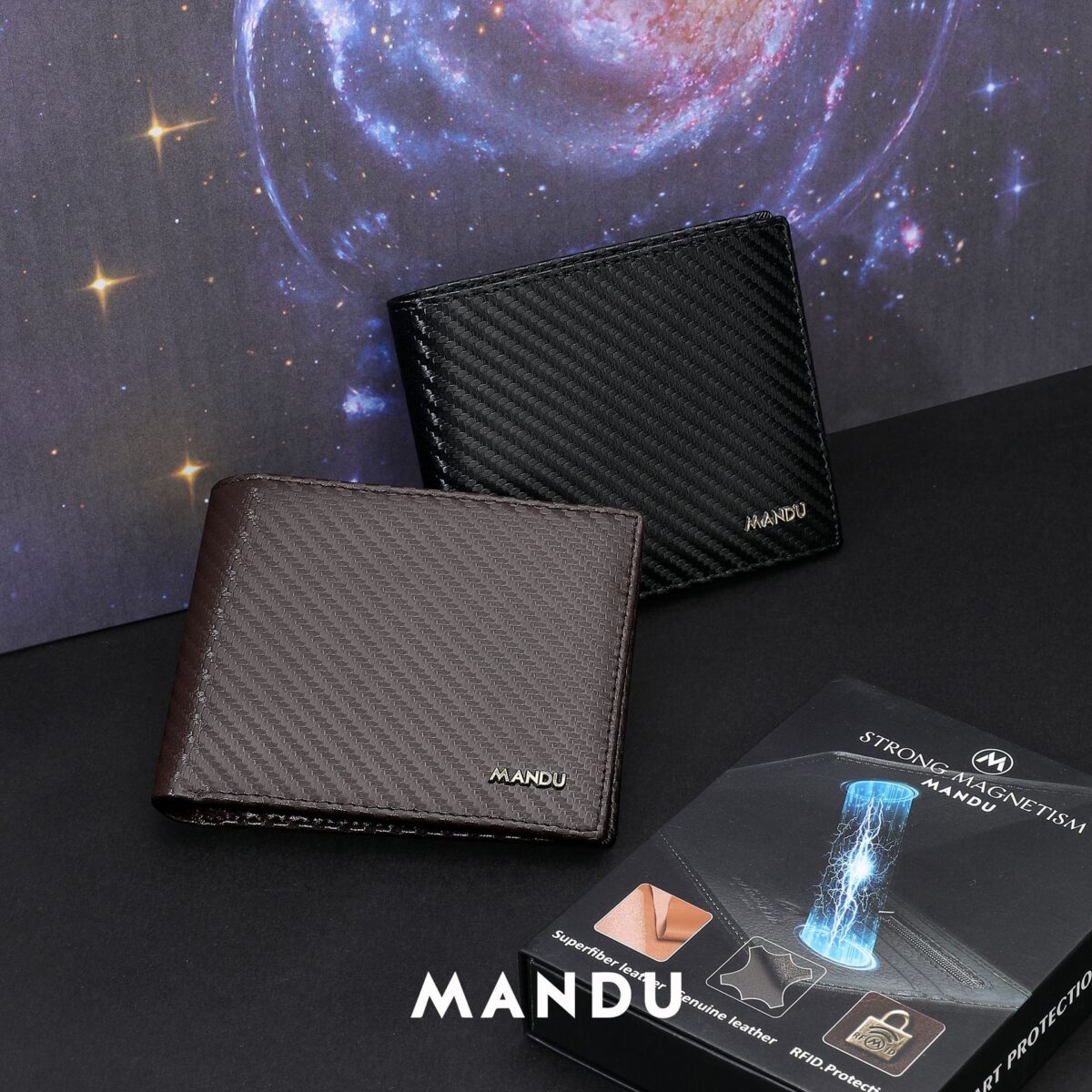 Carbon Fiver Magnetic Closure RFID Protected Mandu Branded Original Leather Wallet with Branded Gift Box