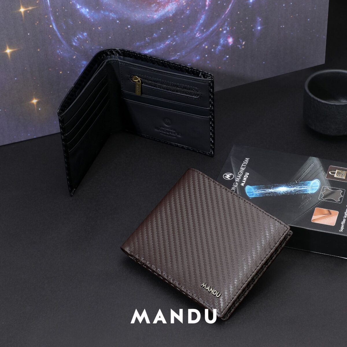 Carbon Fiver Magnetic Closure RFID Protected Mandu Branded Original Leather Wallet with Branded Gift Box